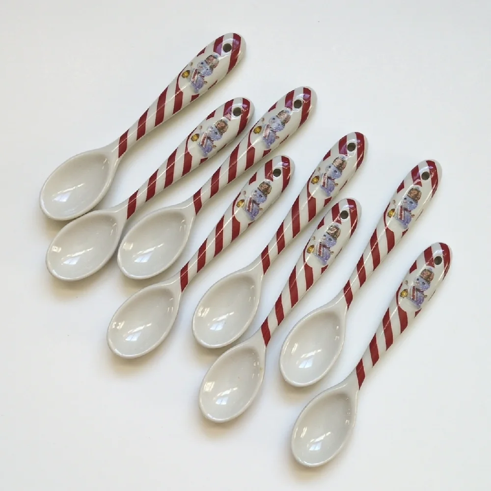 8 Williams Sonoma Ceramic Snowman Christmas Spoons -‎ Red Striped Holiday EUC